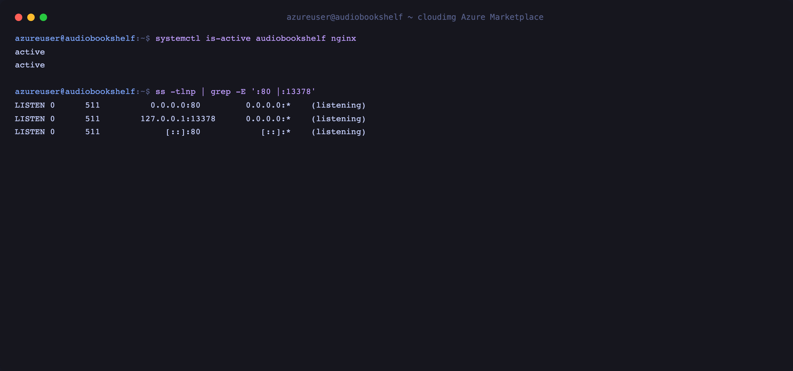 The audiobookshelf and nginx services both active, with nginx listening on port 80 and the Audiobookshelf server bound to 127.0.0.1:13378