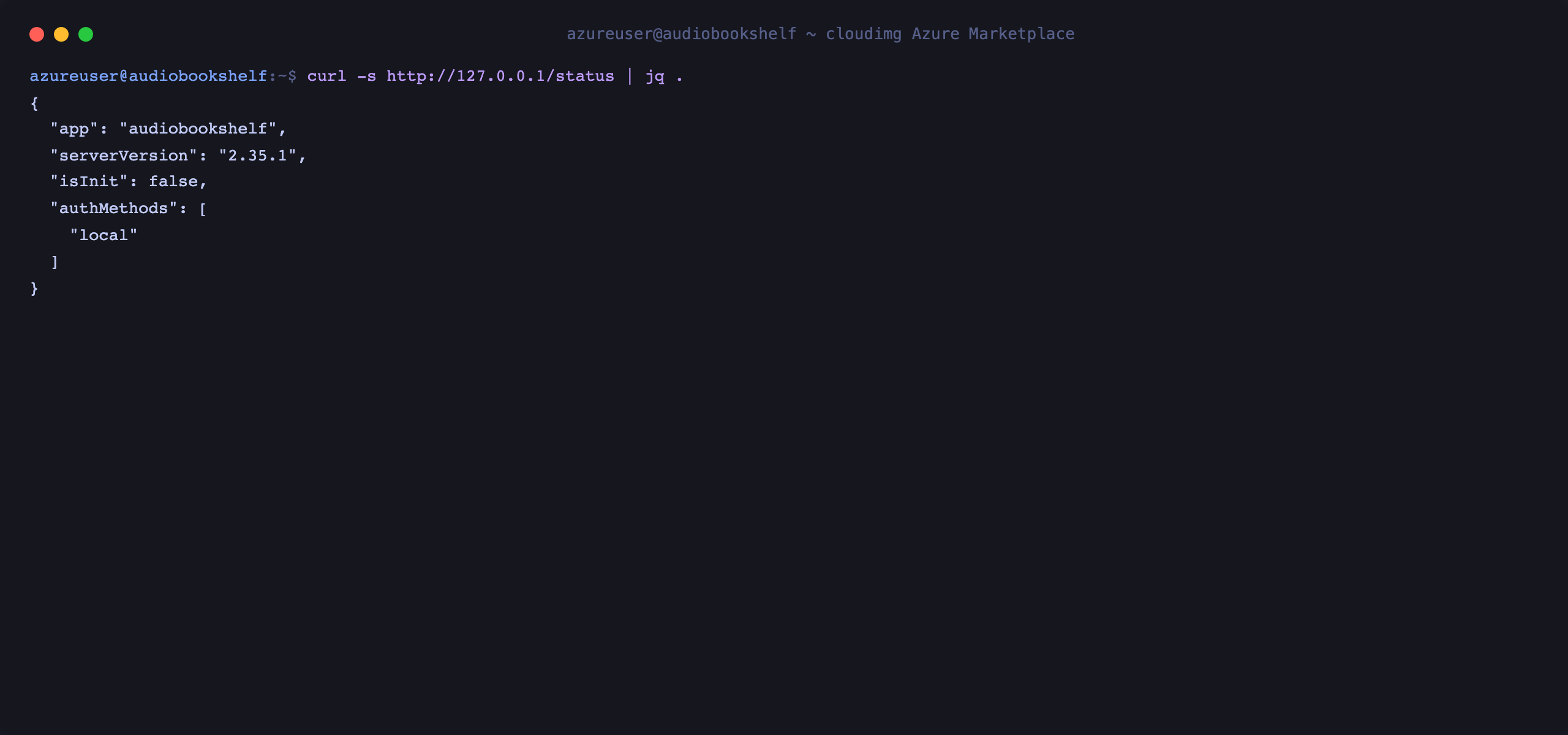 The Audiobookshelf status endpoint reporting the app name, server version 2.35.1, isInit false meaning no administrator is baked in, and the local authentication method