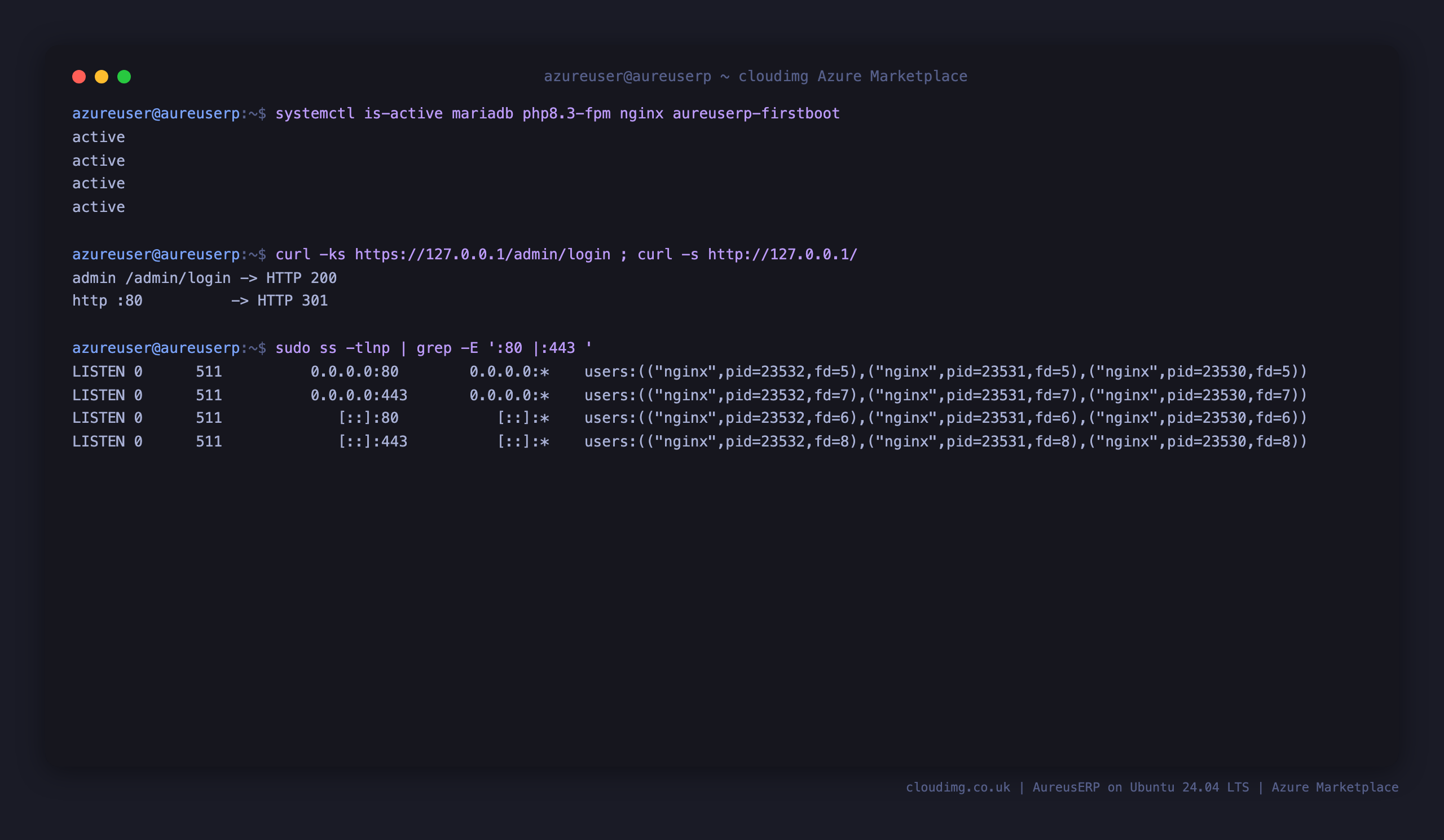 Service status, HTTPS admin panel and listening ports