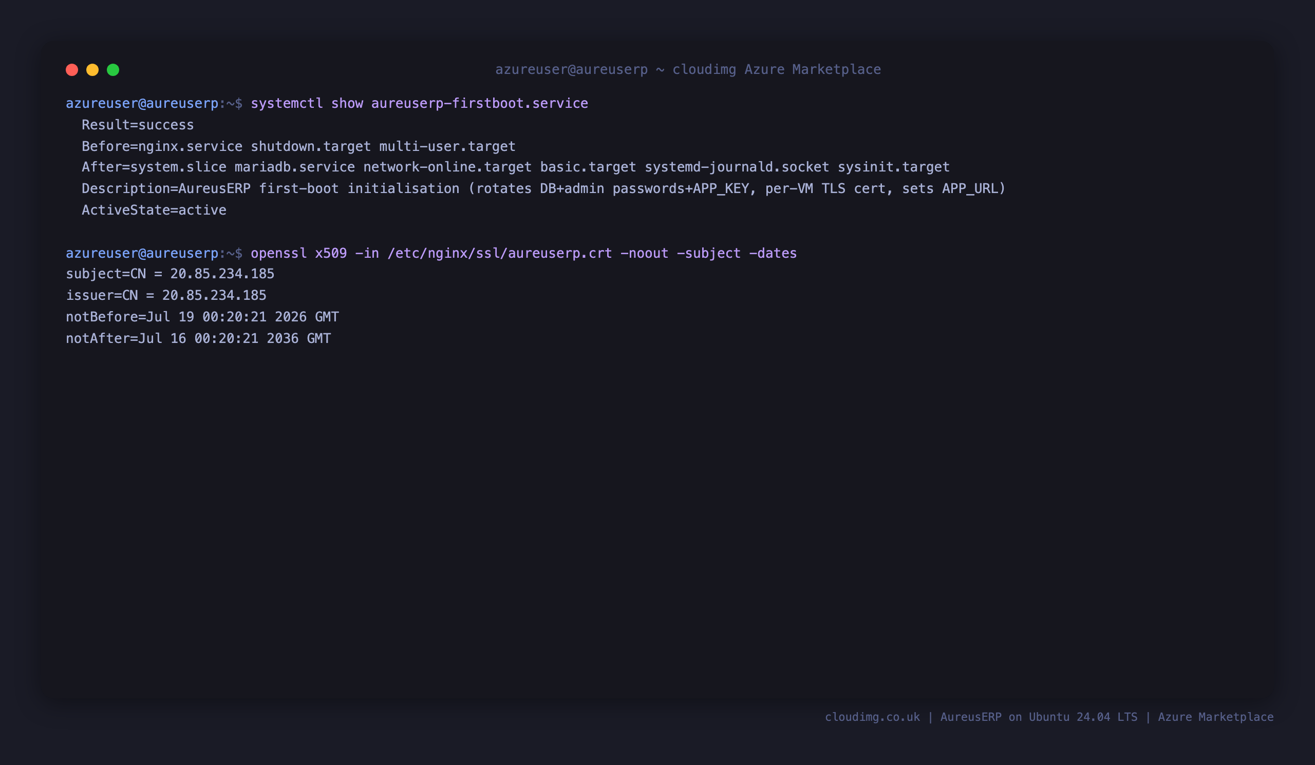 First-boot service, systemd ordering and per-VM certificate