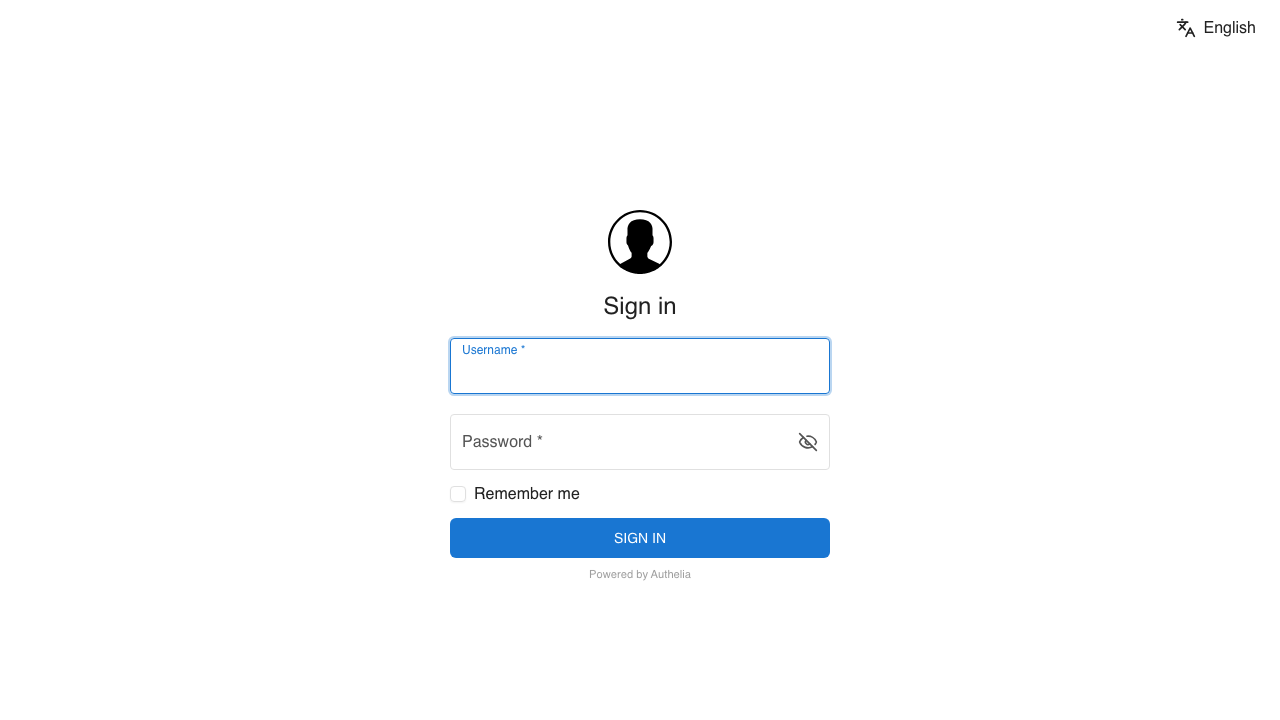 The Authelia sign-in page at auth.authelia.local with the Username and Password fields, a Remember me box and the SIGN IN button