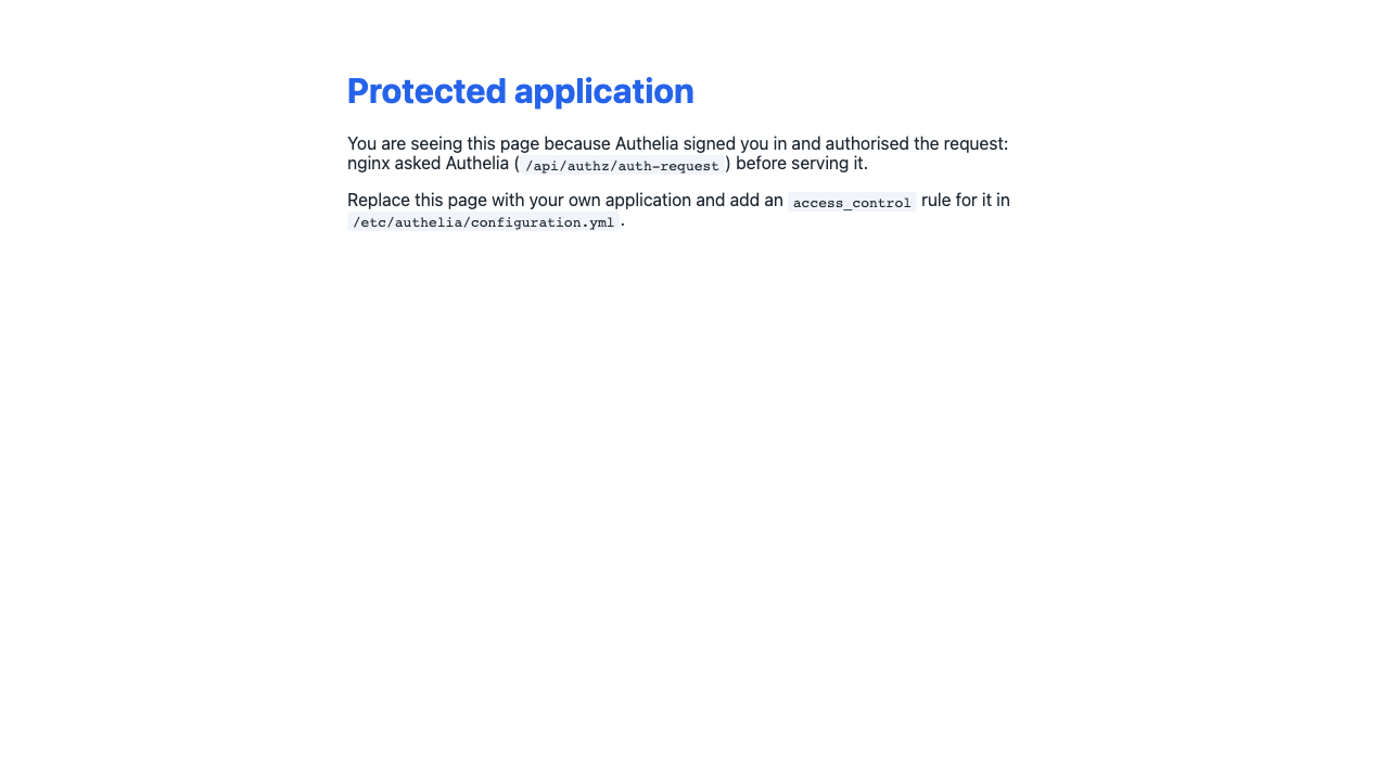 The demo Protected application page, which explains that nginx asked Authelia's /api/authz/auth-request endpoint before serving it