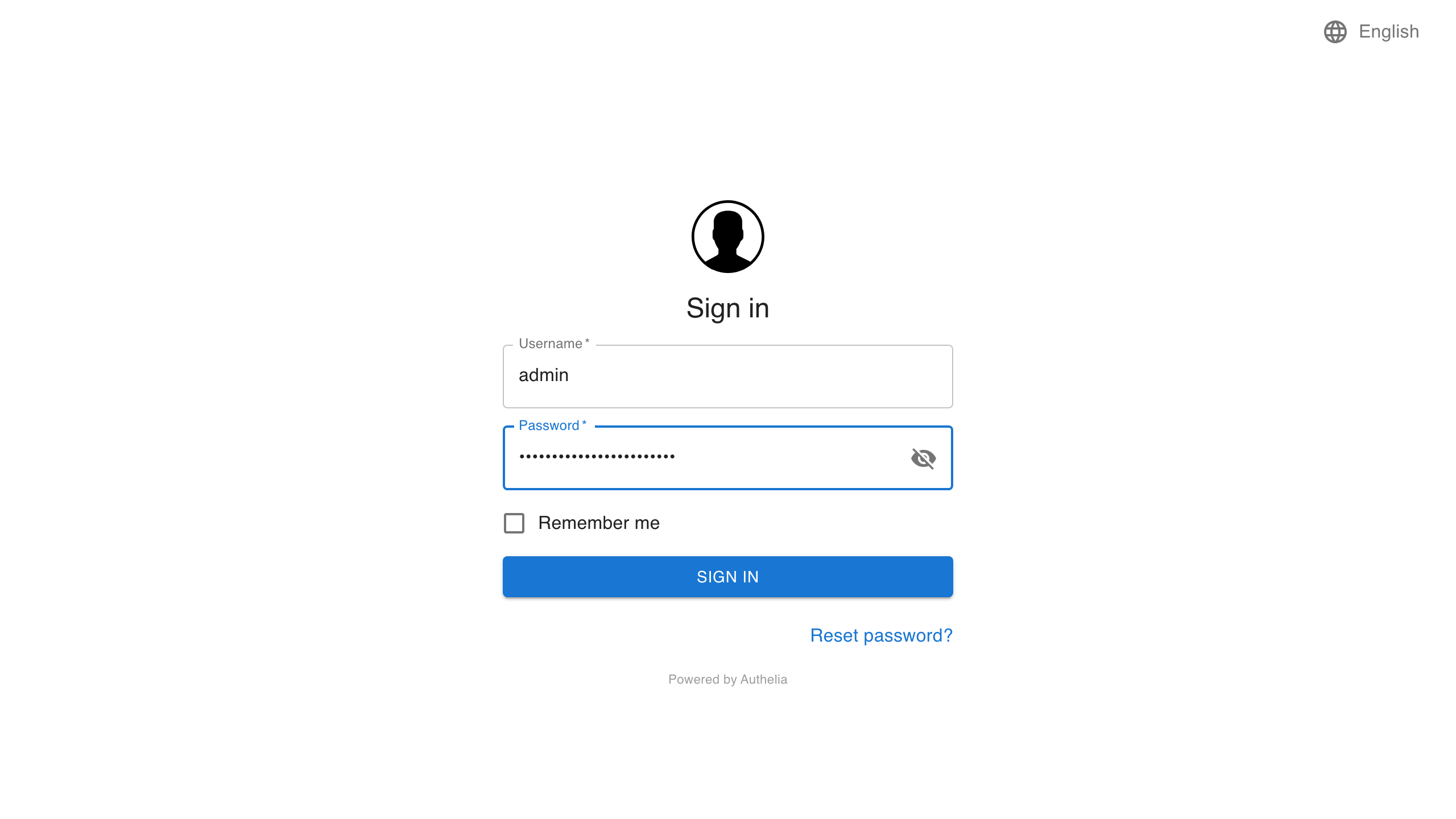 The Authelia portal with the administrator credentials entered