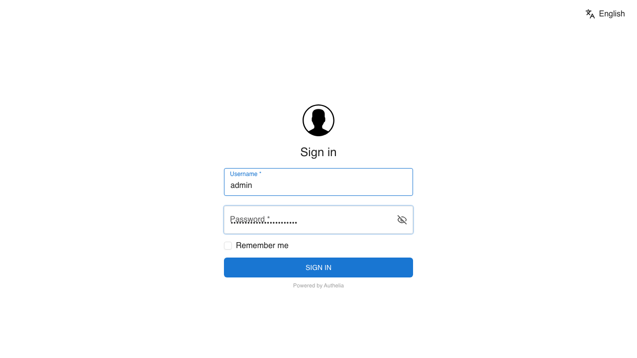 The Authelia sign-in page with the username admin and a masked password entered