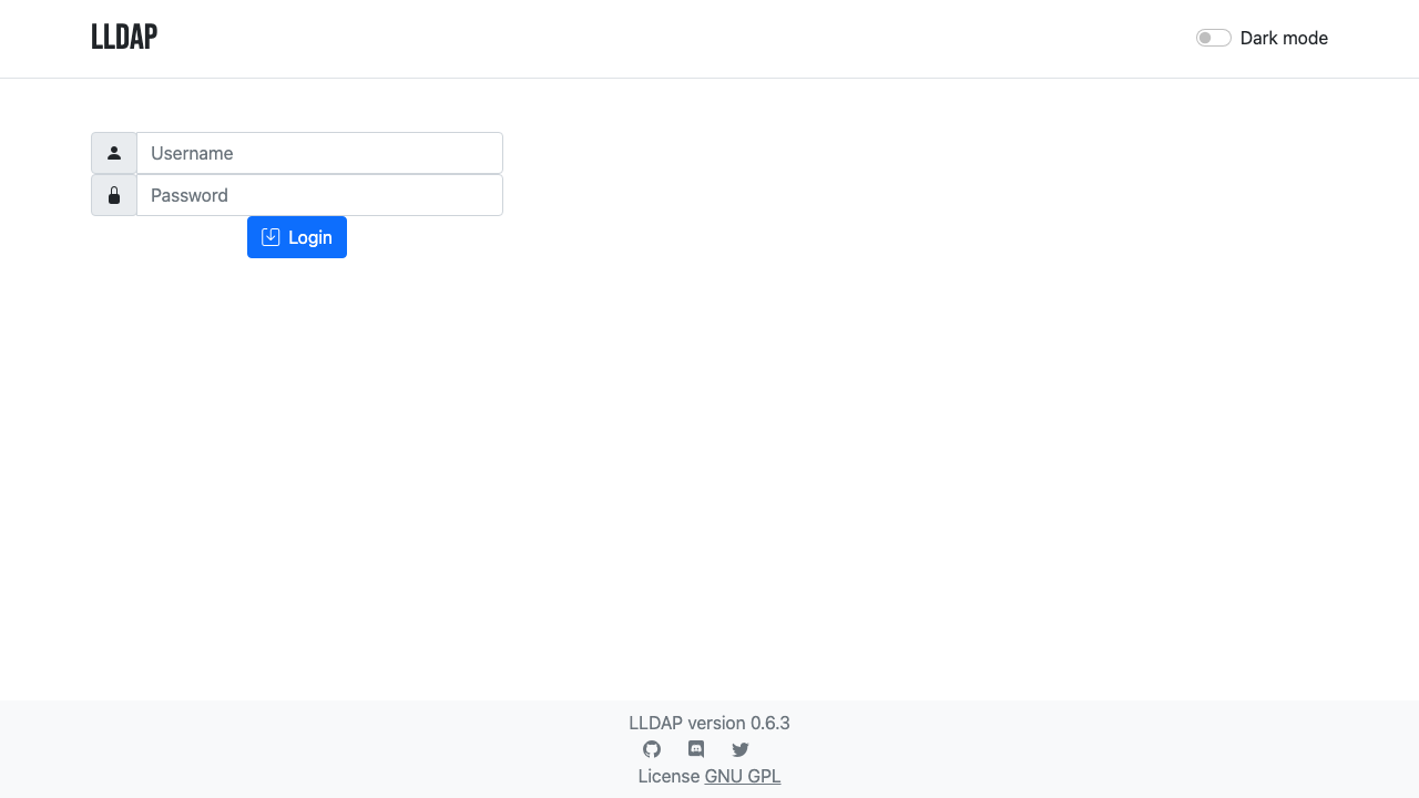 The LLDAP sign-in page with the Username and Password fields and the Login button, LLDAP version 0.6.3 in the footer