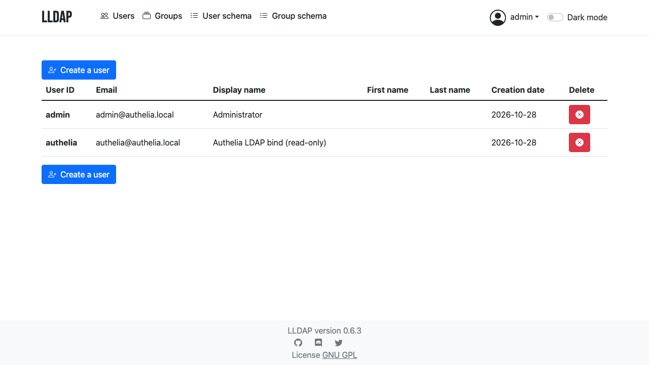 The LLDAP Users page listing admin (Administrator) and authelia (Authelia LDAP bind, read-only) with a Create a user button