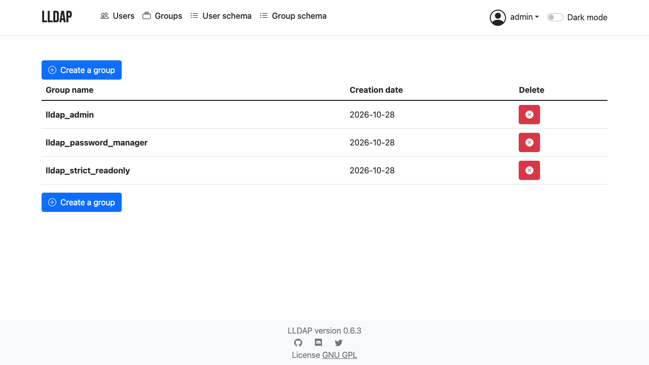 The LLDAP Groups page listing lldap_admin, lldap_password_manager and lldap_strict_readonly with a Create a group button