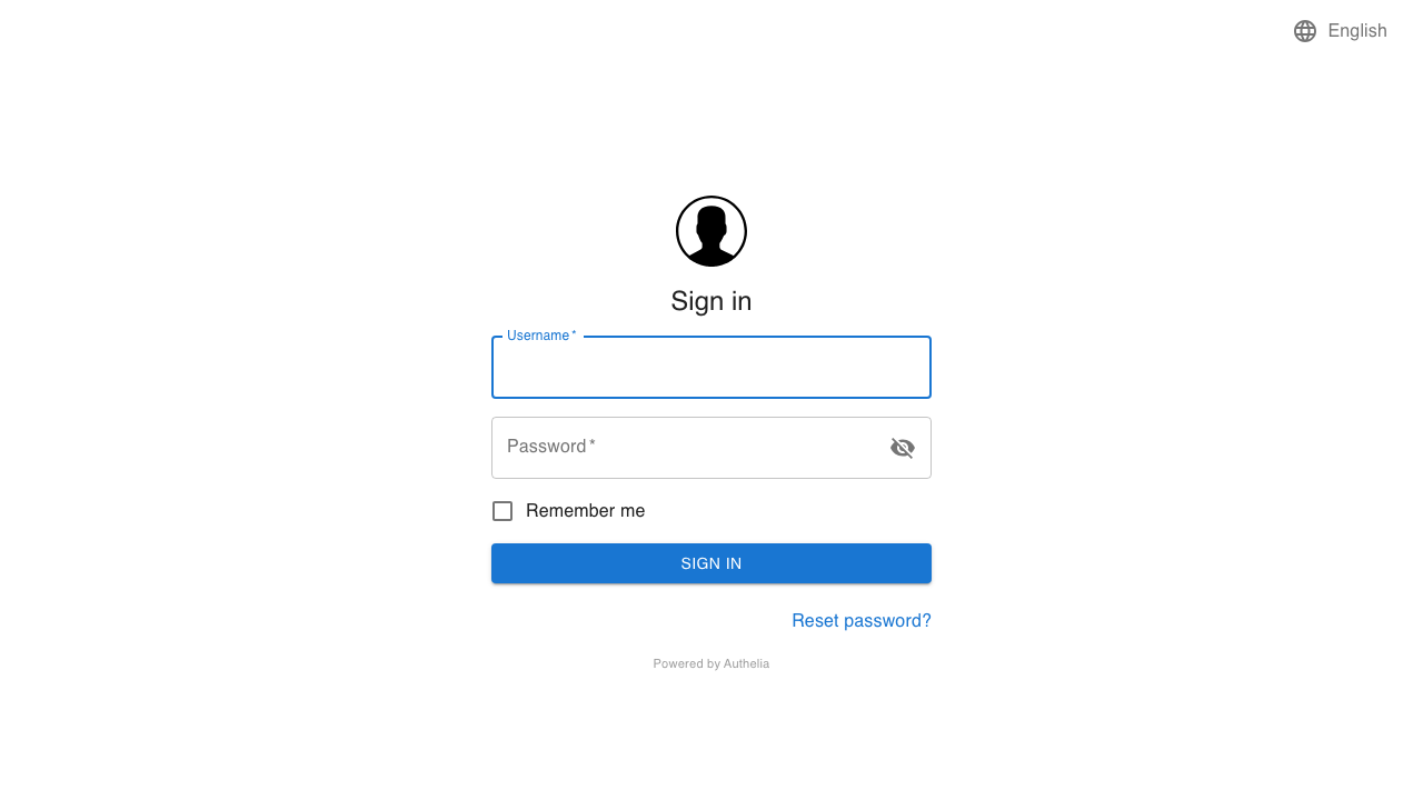 The Authelia single sign on portal sign in page showing the username and password fields, a remember me checkbox, the sign in button and a reset password link