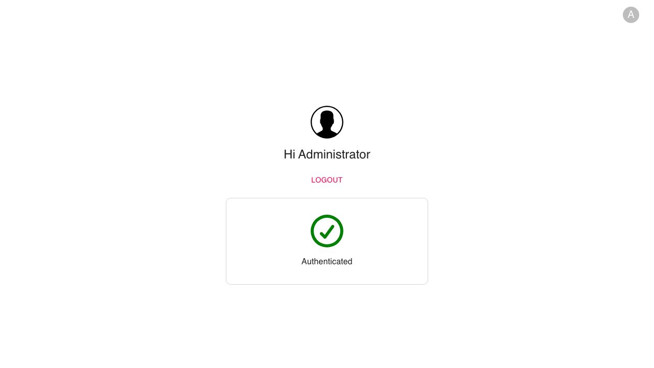 The Authelia portal after a successful sign in, greeting the administrator by display name with a green authenticated status and a logout link
