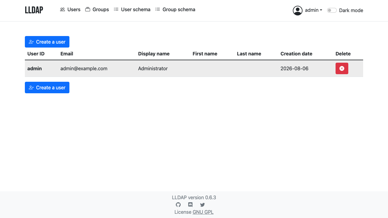The LLDAP users page listing the admin account with its user ID, email, display name and creation date, and a create a user button