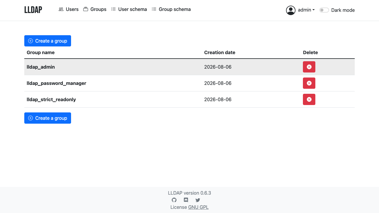 The LLDAP groups page showing the built in lldap_admin, lldap_password_manager and lldap_strict_readonly groups with a create a group button