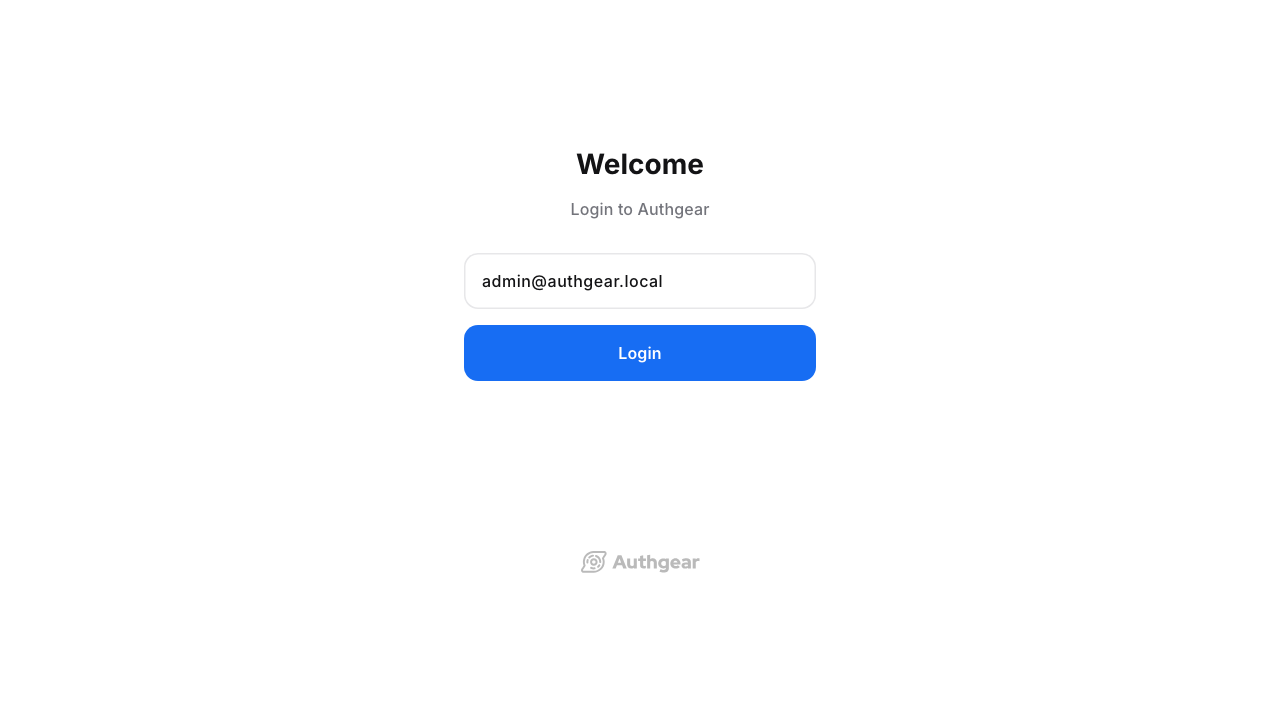The Authgear portal sign-in page at localhost:8444 with the administrator email entered and no sign-up link