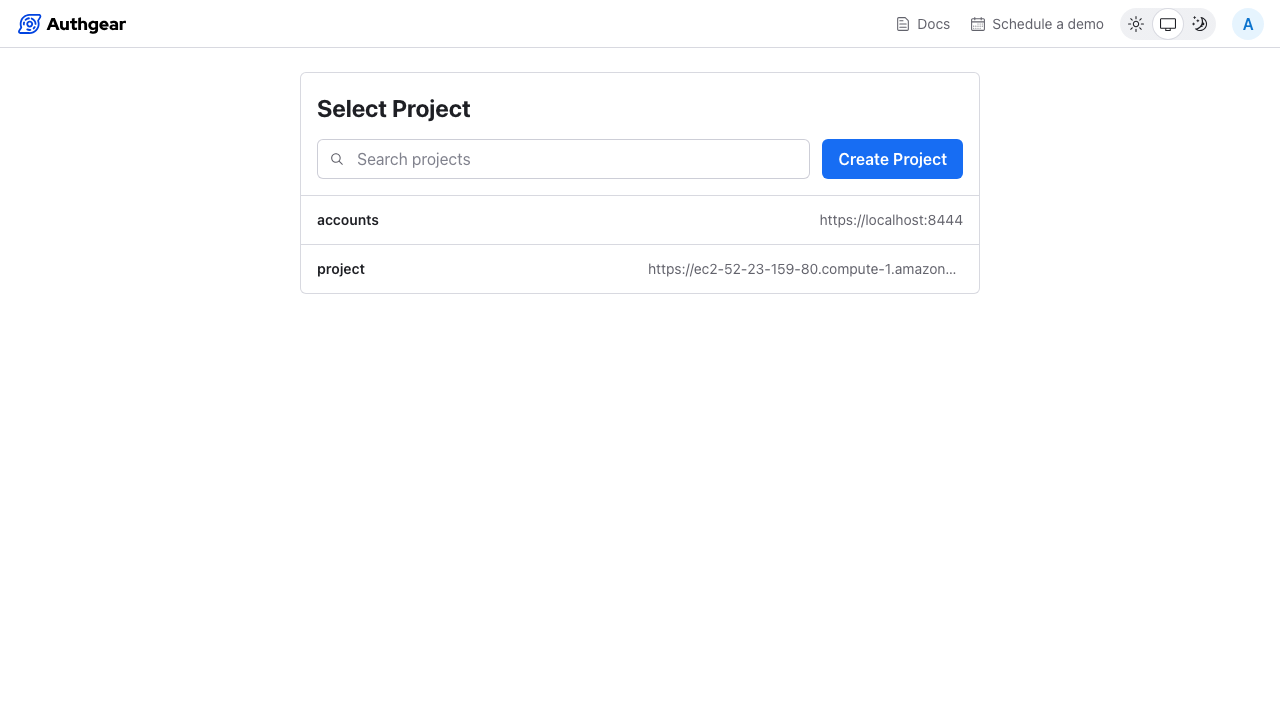 The Select Project page listing accounts at https://localhost:8444 and project at the instance's public DNS name
