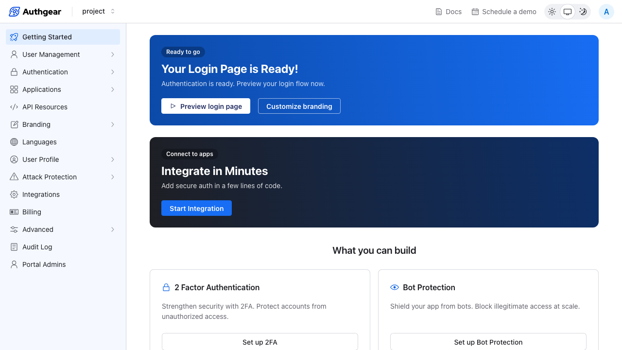 The default project's Getting Started page with the Authentication, Applications, User Management and other menus