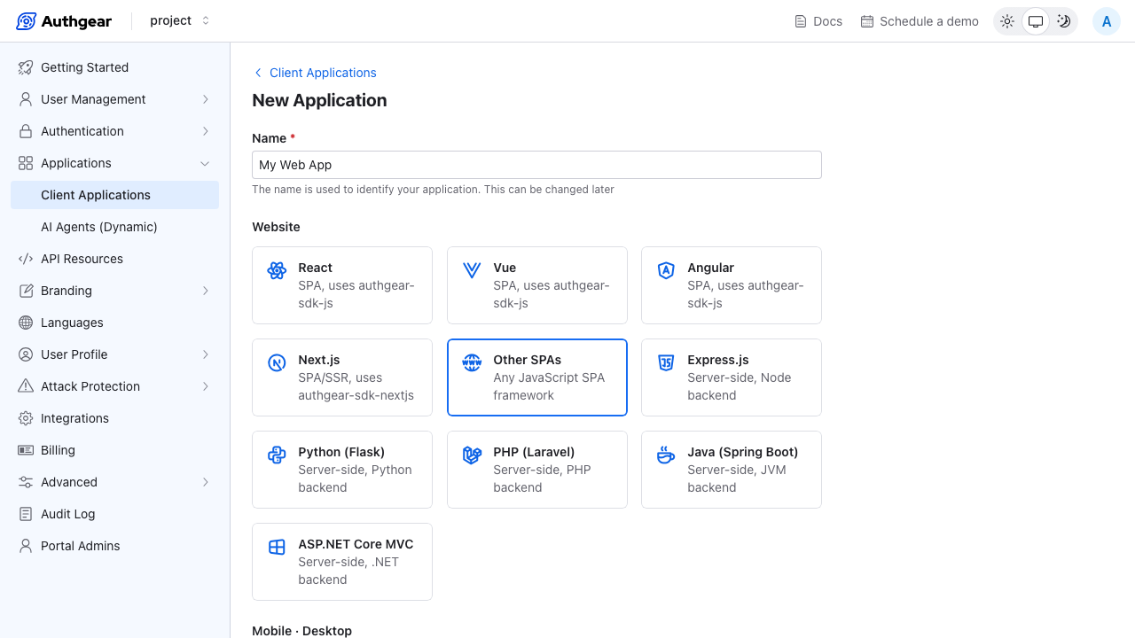The New Application form with the name My Web App and the Other SPAs type selected