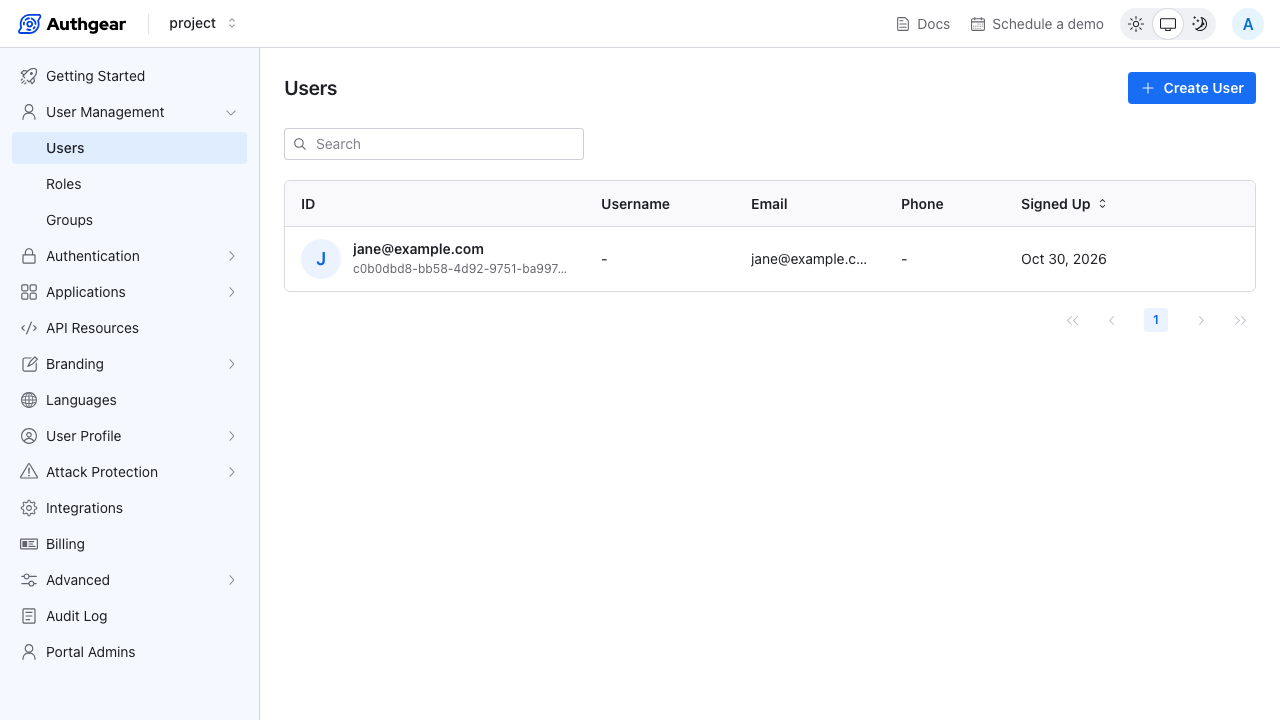 The Users page of the default project listing jane@example.com