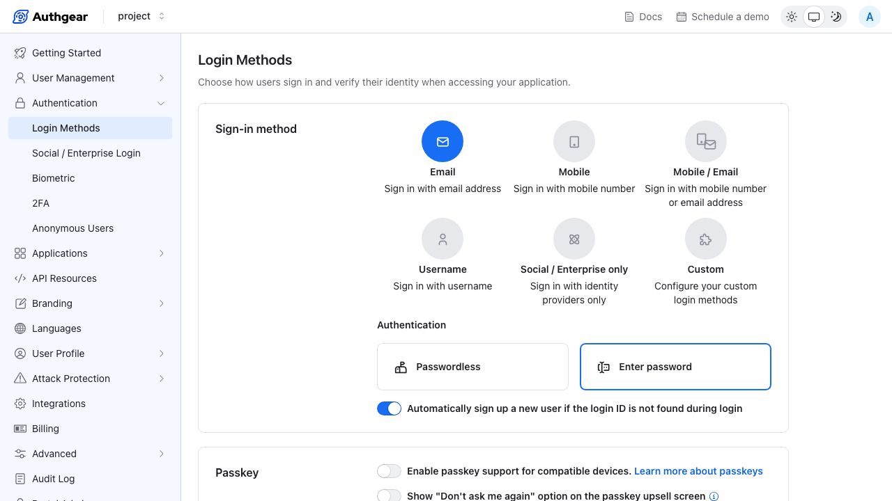 The Login Methods page with Email sign-in and Enter password selected