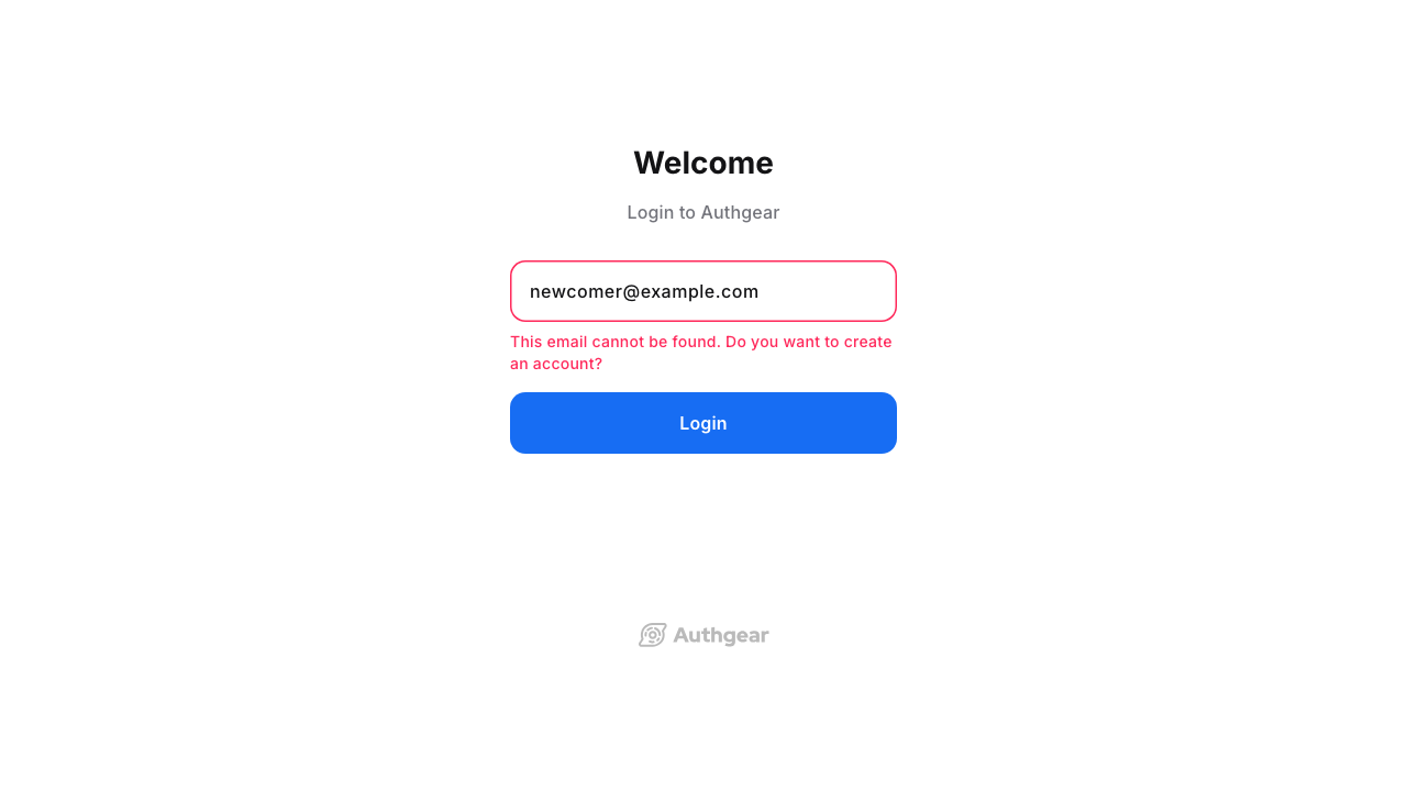 The sign-in page showing "This email cannot be found" for newcomer@example.com, with no sign-up step