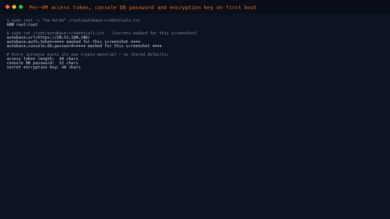 Per-VM access token, console database password and encryption key generated on first boot
