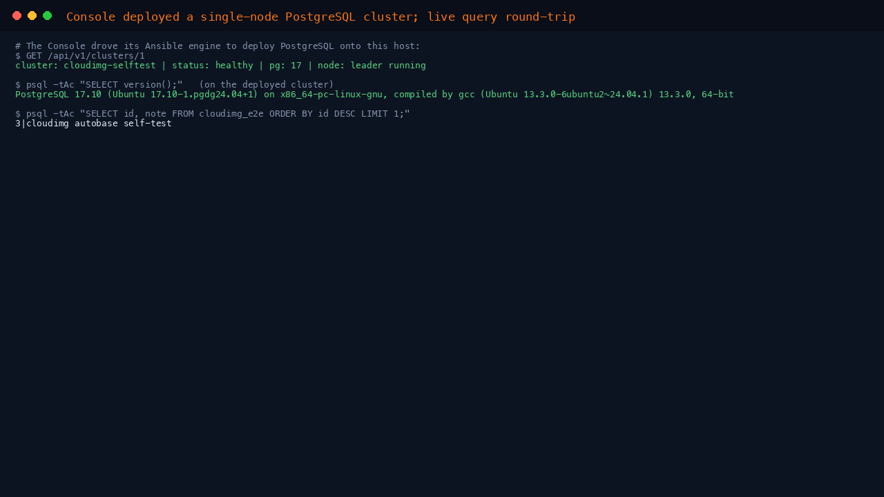 Console-deployed single-node PostgreSQL cluster reporting healthy, with a live query round-trip