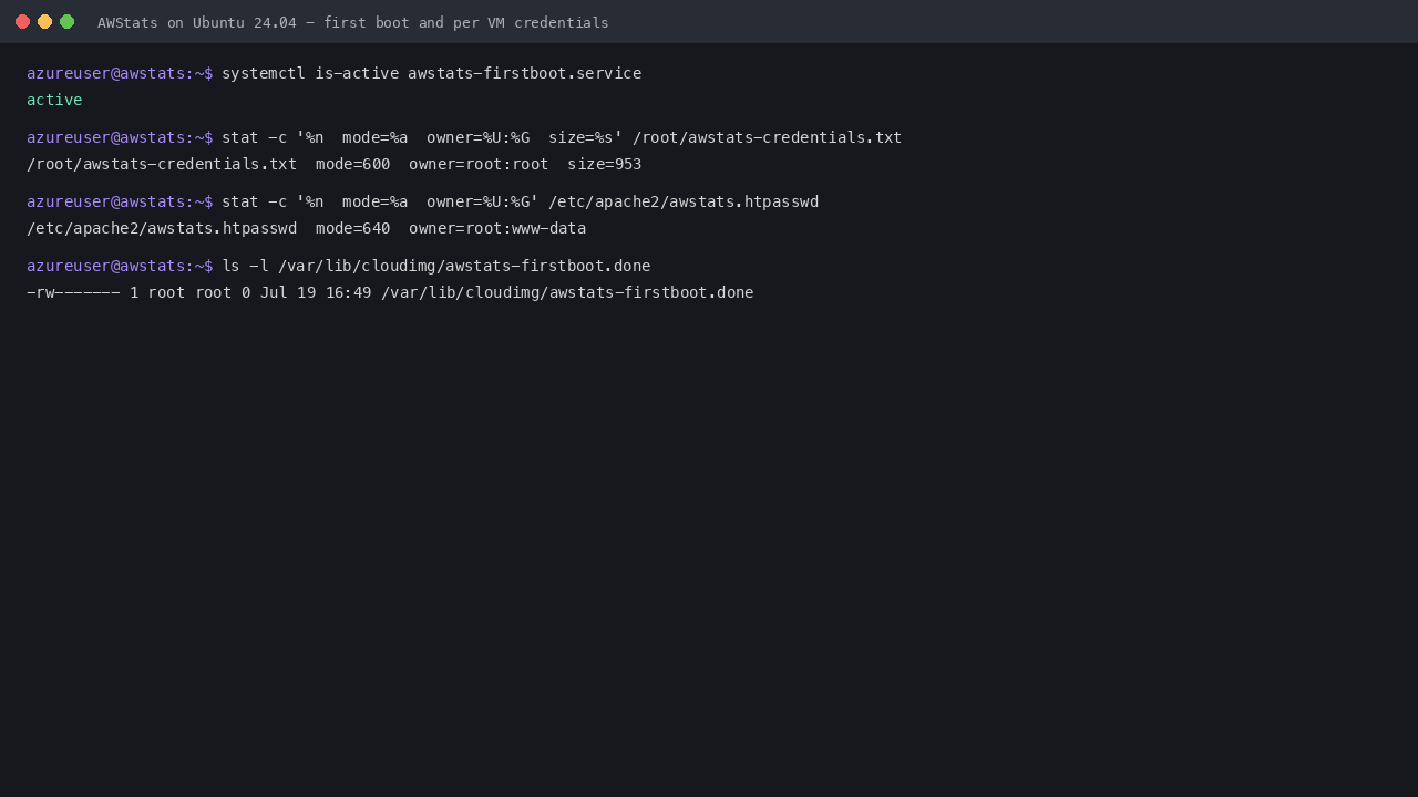 The first boot service reports active and the per VM credentials file exists with root only permissions