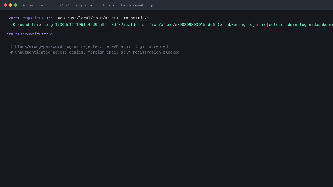 The round-trip check: blank and wrong-password logins rejected, the per-VM admin login succeeds and reaches the dashboard and organisation page, unauthenticated access is denied, and a foreign-email registration attempt is blocked