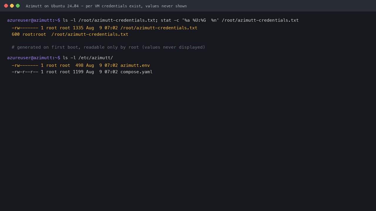 The credentials file exists at 0600 root:root - generated fresh on first boot, values never shown in this guide