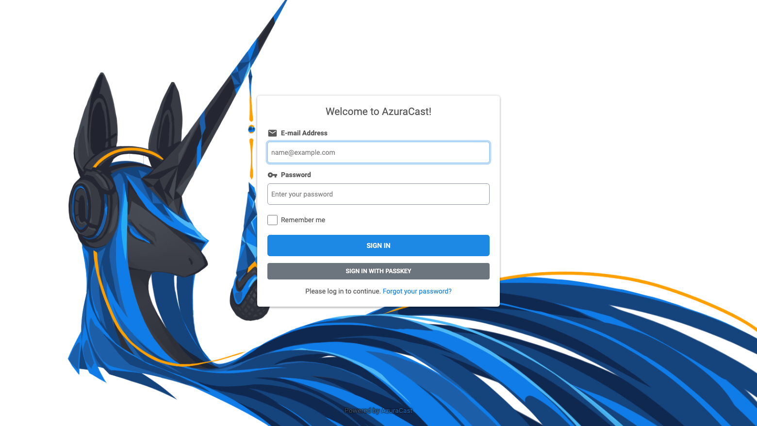 The AzuraCast sign-in page asking for the e-mail address and password of the super administrator generated on this instance