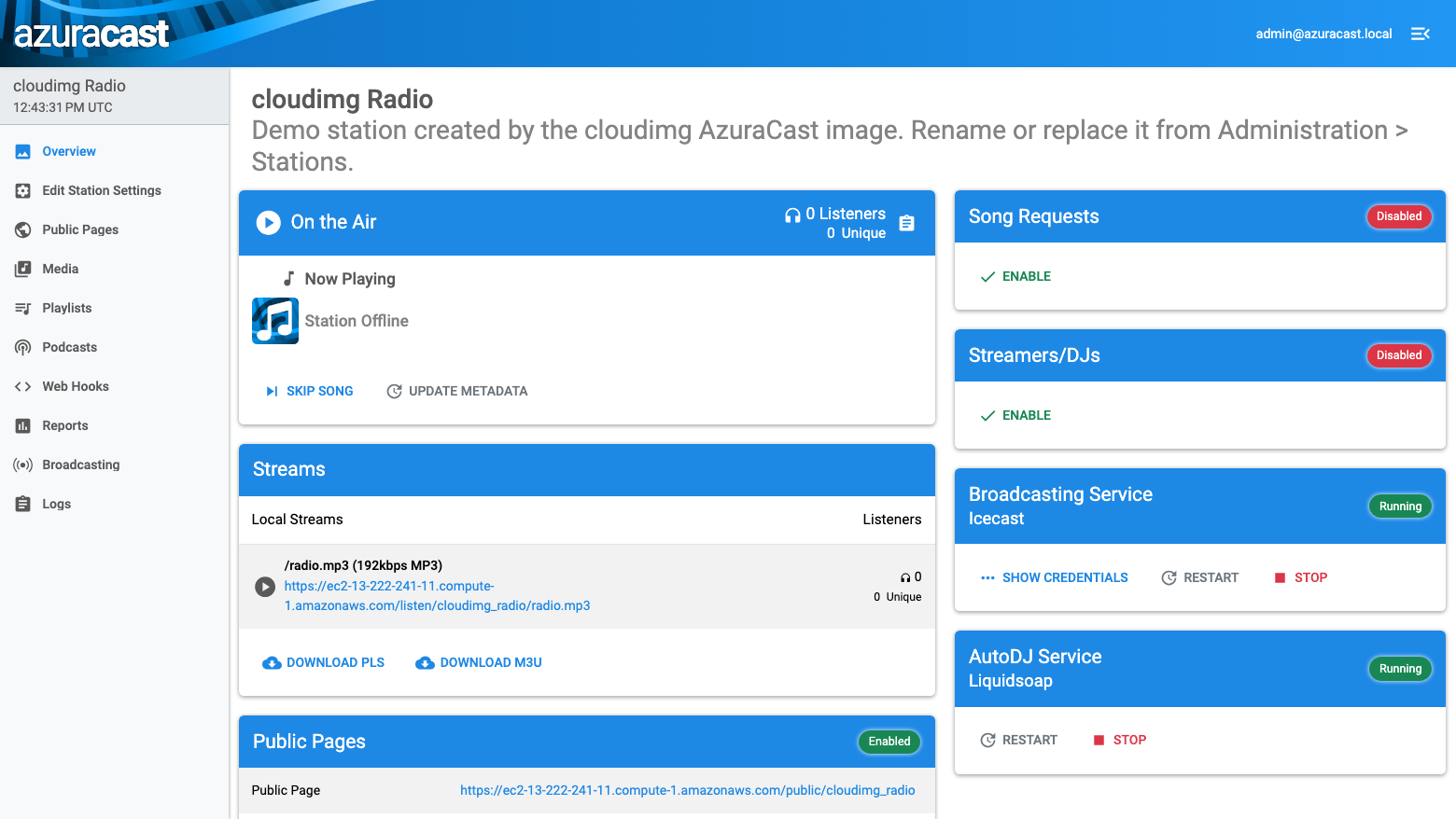 The cloudimg Radio station overview in AzuraCast with the HTTPS stream address, the public page link, and the Icecast broadcasting and Liquidsoap AutoDJ services running