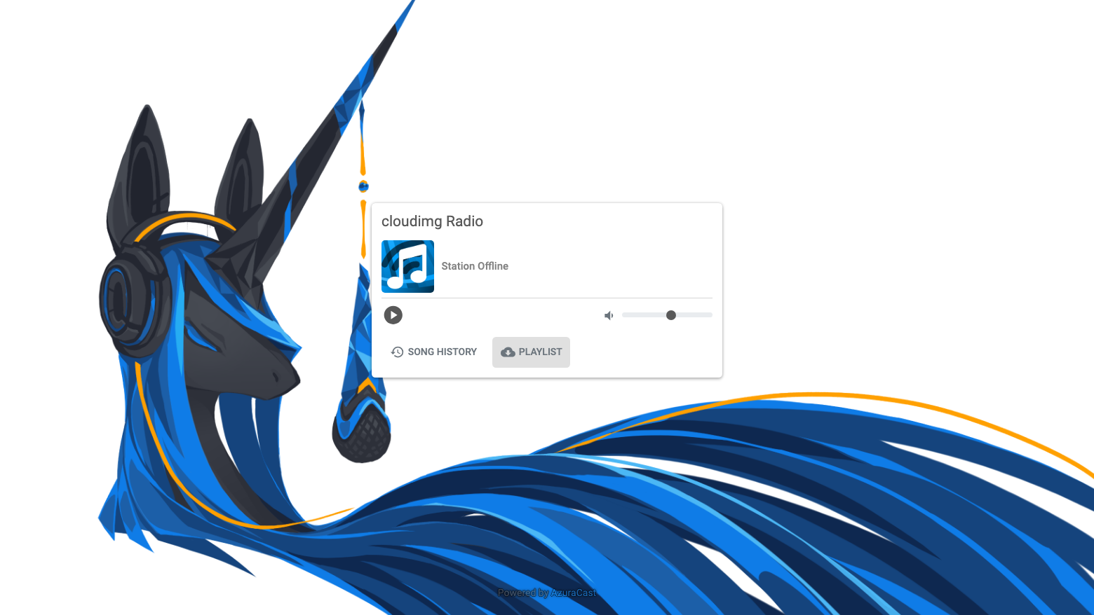 The public AzuraCast player page for cloudimg Radio with the play button, volume, song history and playlist download