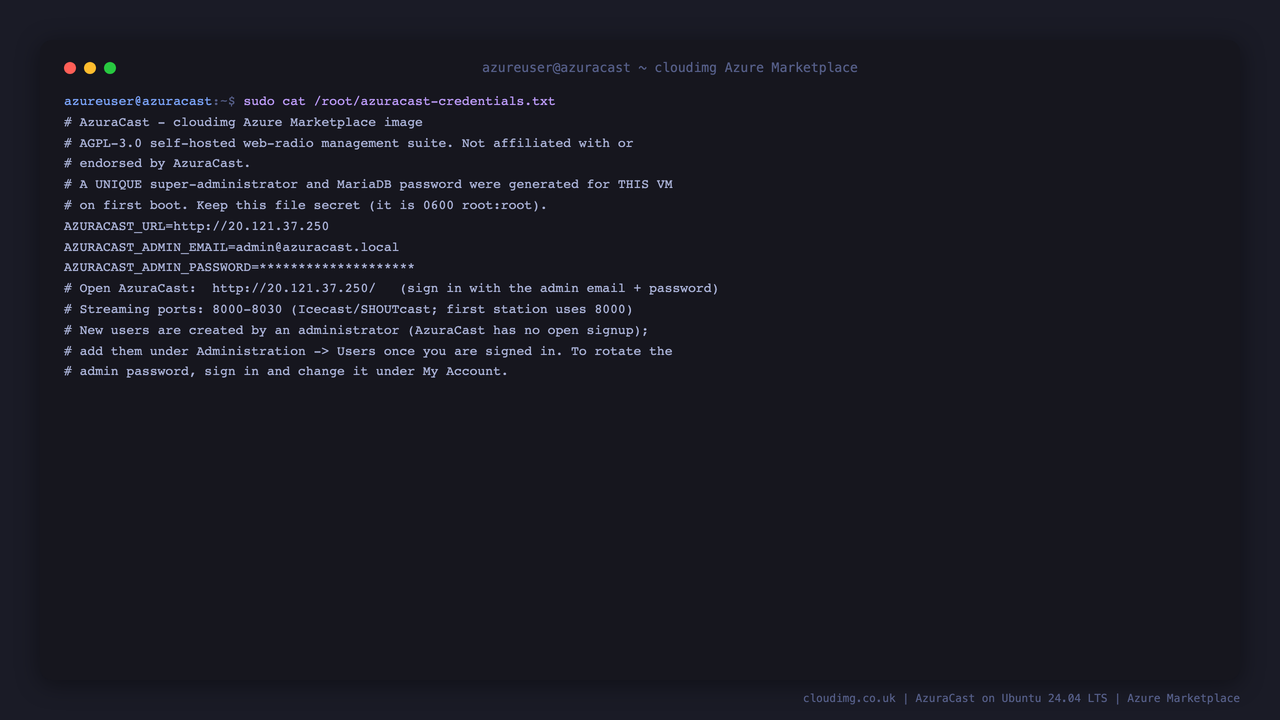 The per VM access notes, with the AzuraCast URL, admin email and the admin password masked