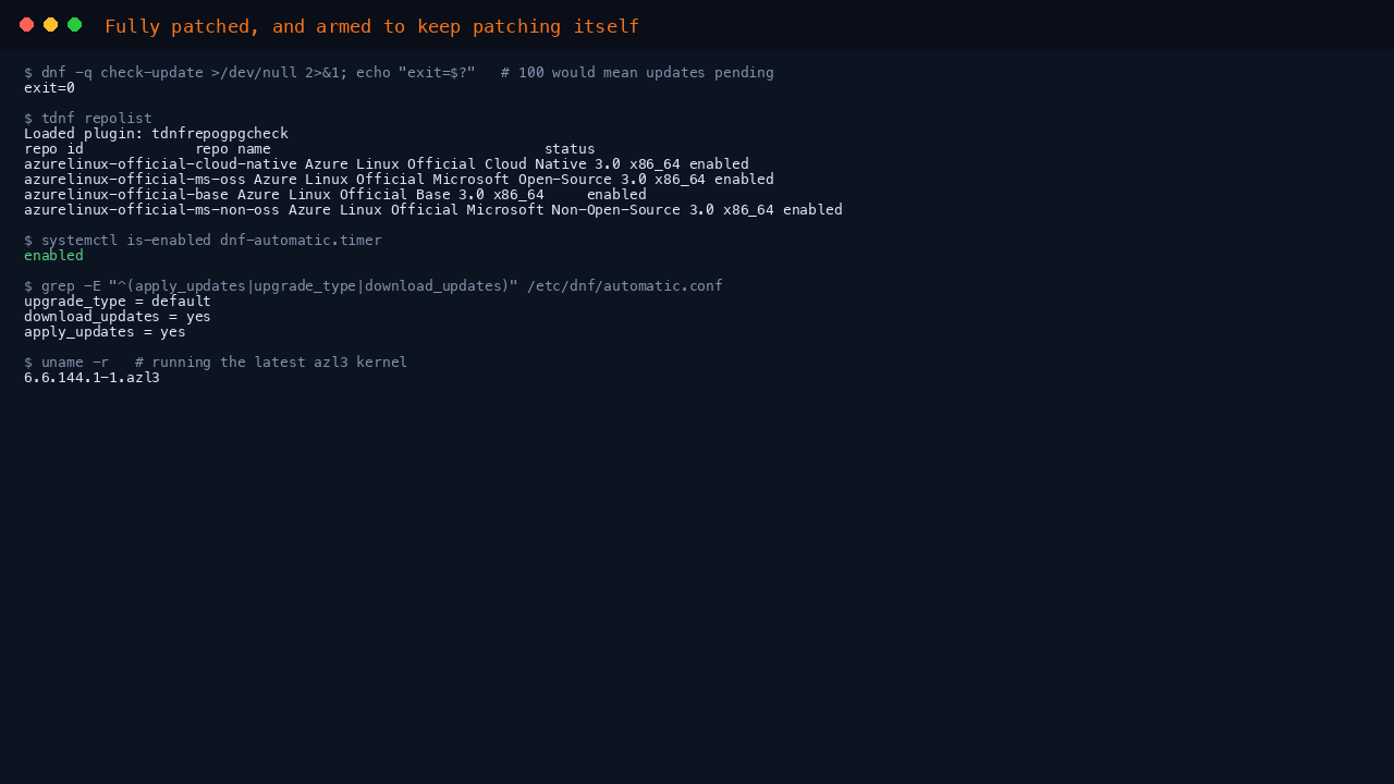 The terminal shows dnf check-update returning exit code 0 meaning no updates are pending, tdnf repolist listing the four official Azure Linux repositories as enabled, dnf-automatic.timer reported as enabled, the automatic.conf apply_updates and download_updates set to yes, and the running azl3 kernel version