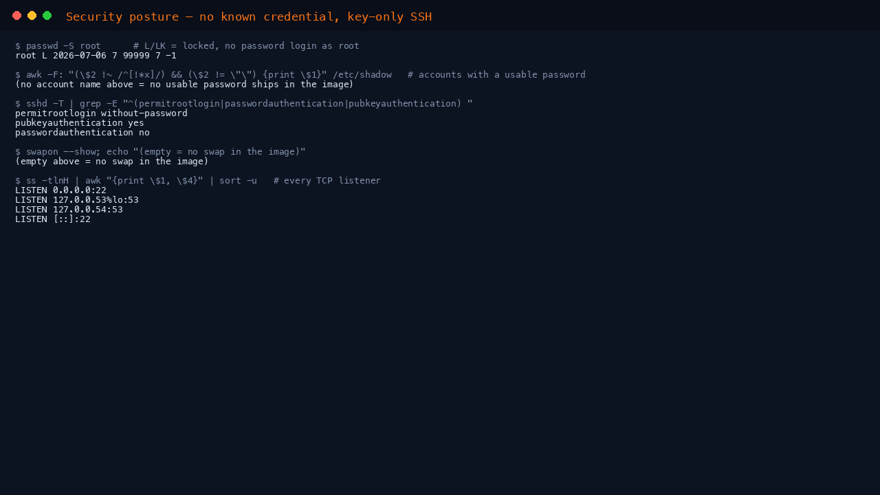 The terminal shows passwd -S root reporting the root account as L meaning locked, a check of etc shadow finding no account with a usable password, the effective sshd policy reporting permitrootlogin without-password, pubkeyauthentication yes and passwordauthentication no, and swapon showing no swap in the image