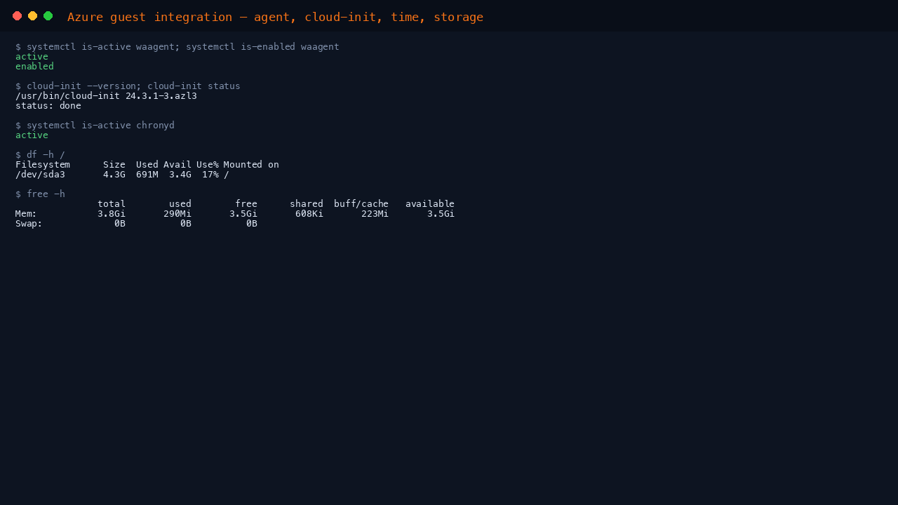 The terminal shows waagent active and enabled at boot, cloud-init version 24.3.1 for azl3, dnf-automatic.timer enabled so updates apply on a timer, chronyd active for time synchronisation, the root filesystem usage from df, and the memory summary from free showing no swap
