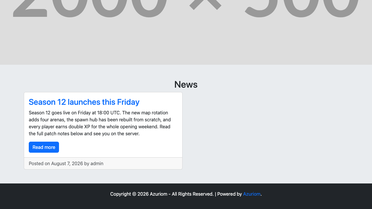 The public Azuriom home page News section showing the Season 12 launches this Friday card with the post excerpt, a Read more button, the posted date and author, and the Powered by Azuriom footer