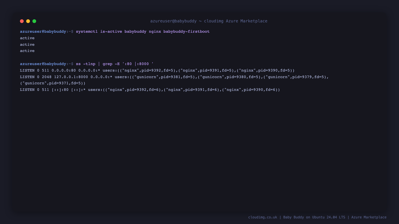 The babybuddy gunicorn service and nginx reporting active, gunicorn listening on loopback 127.0.0.1:8000, and nginx listening on port 80