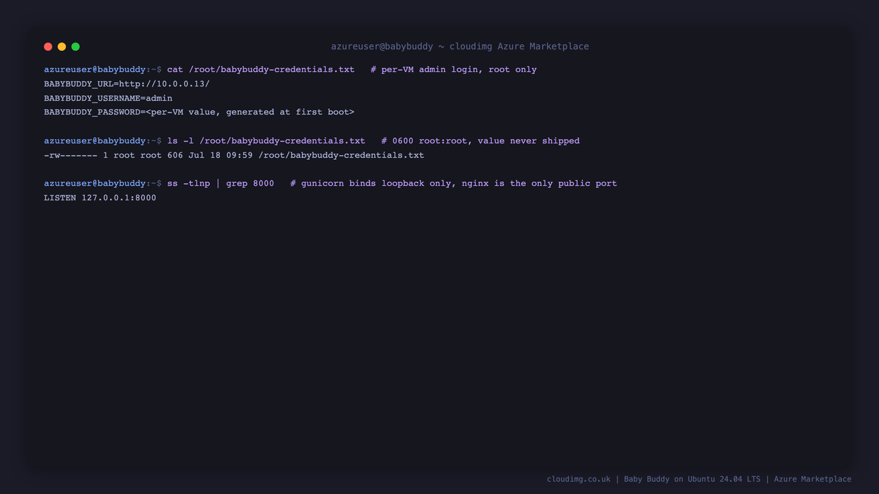 The per VM credentials file with the generated admin username, URL and a masked password, its 0600 root only permissions, and gunicorn bound to loopback