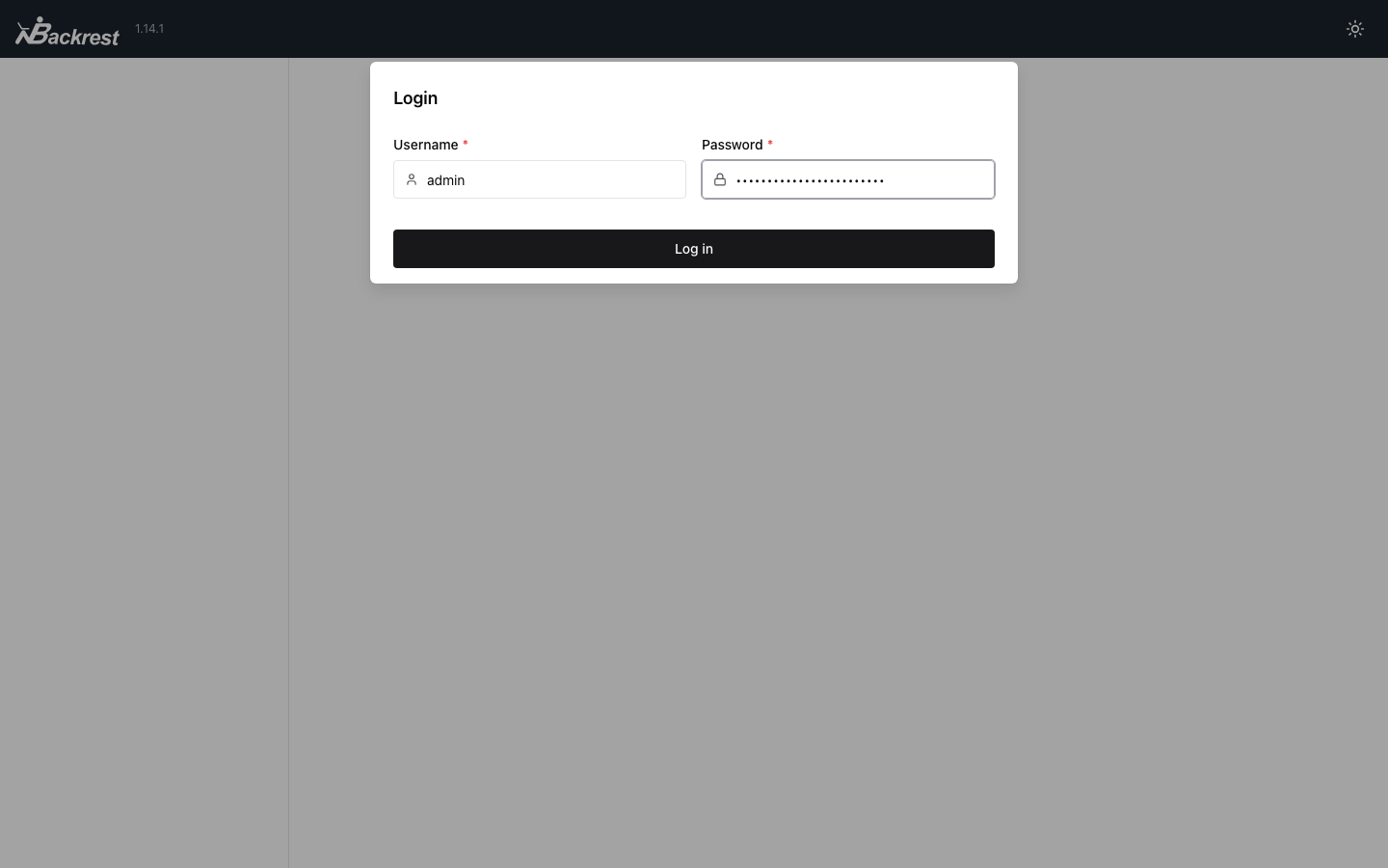 The Backrest login dialog with the user name admin filled in and the password masked