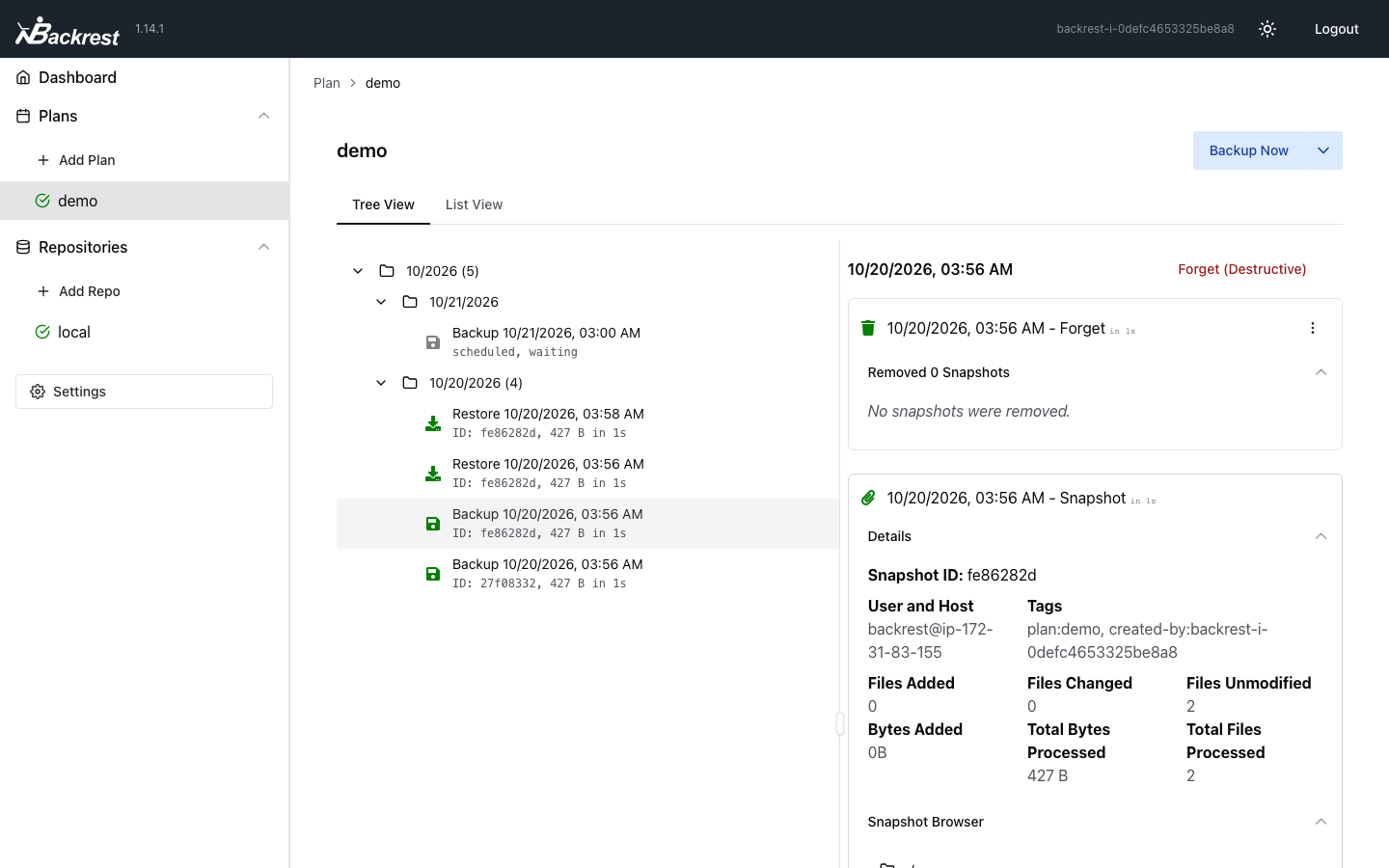 The demo plan in Backrest: the tree of backups and restores, and the selected snapshot's details with the snapshot browser