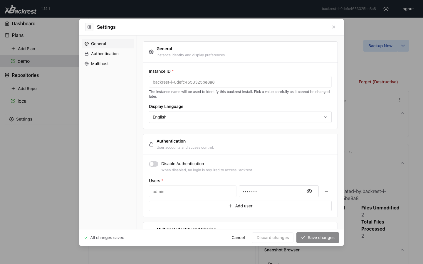 Backrest Settings: the instance ID, Disable Authentication switched off, and the admin user