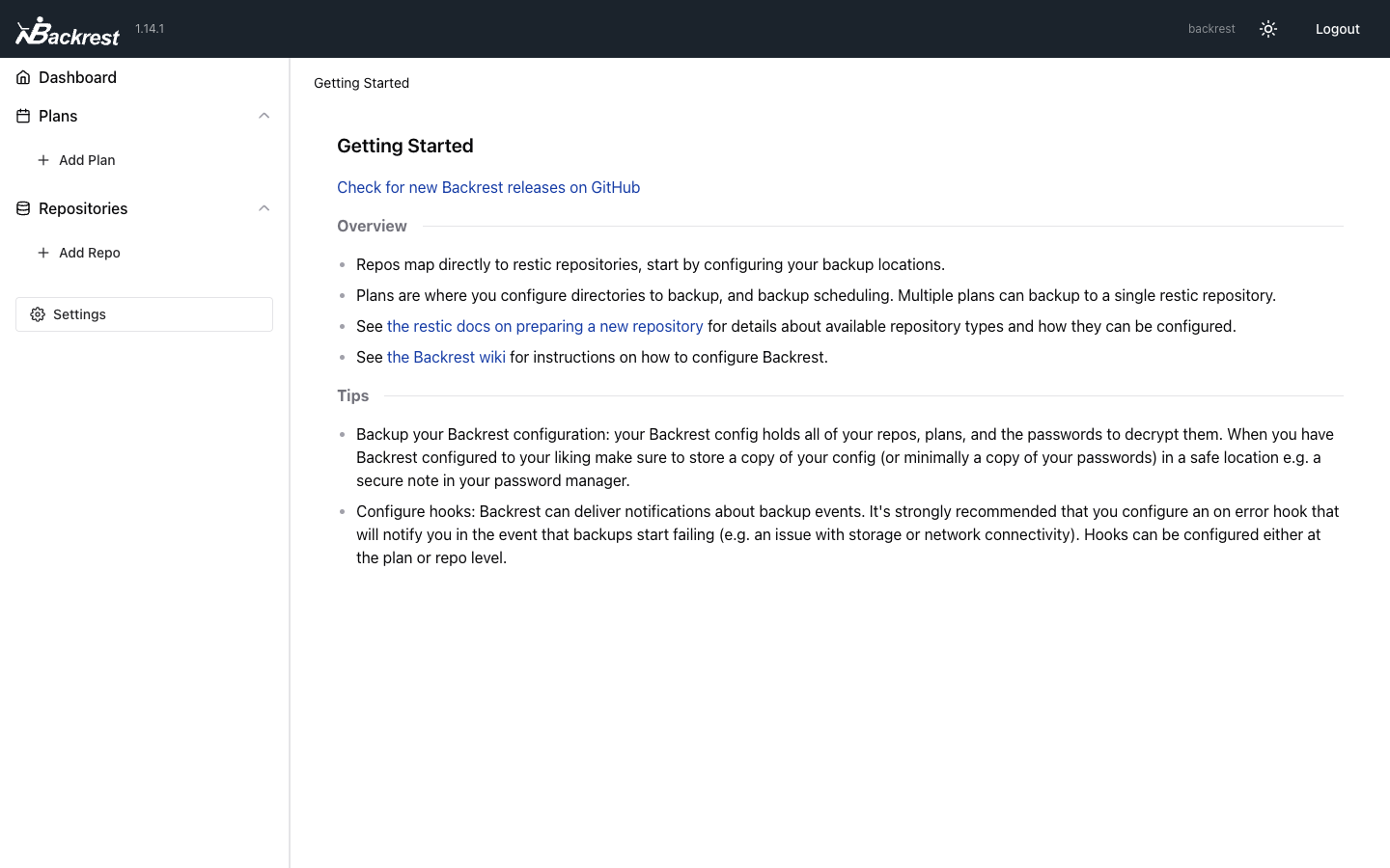 The Backrest getting started dashboard after sign in, with the sidebar for Plans, Repositories and Settings