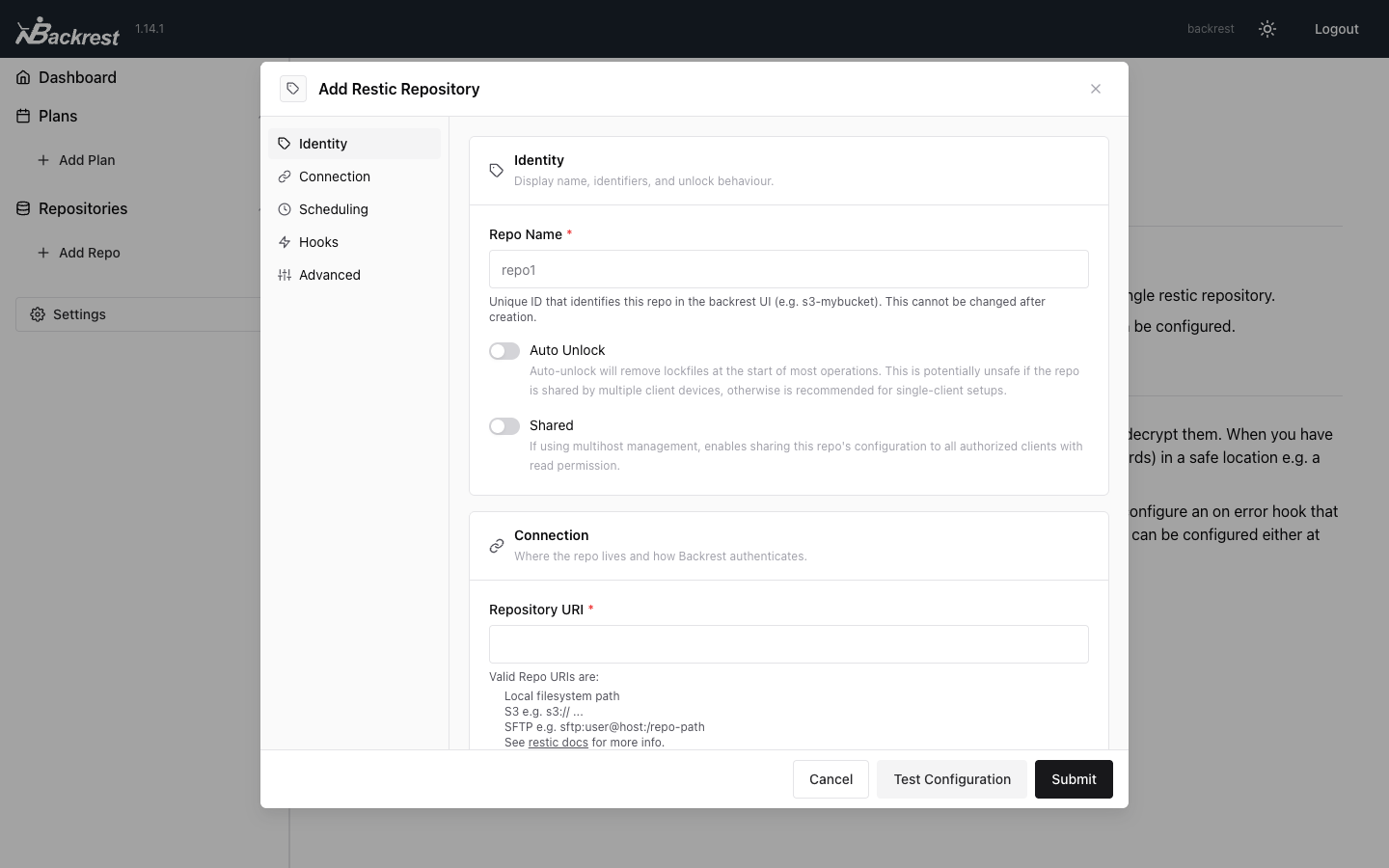 The Add Restic Repository form, where you name a repository, choose where it lives and how Backrest authenticates to it