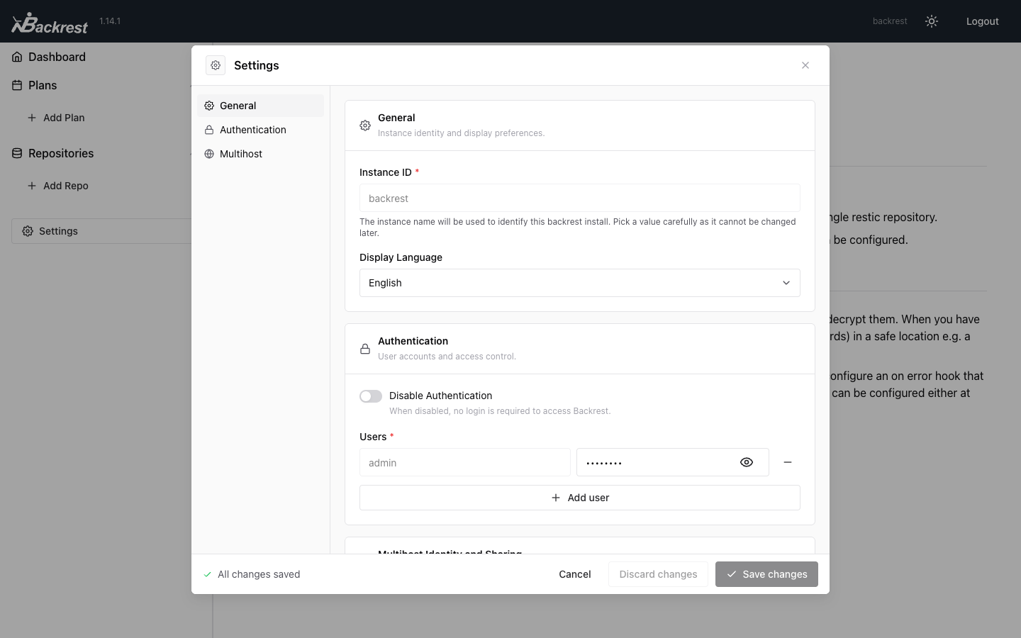 The Backrest Settings panel showing instance identity, the admin user and the authentication controls