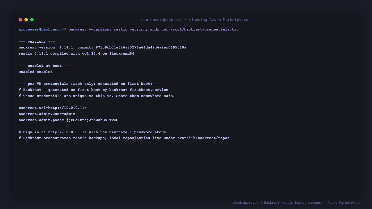 The Backrest and restic versions, the enabled backrest and nginx units, and the per VM credentials file showing the admin user, the generated password and the site URL