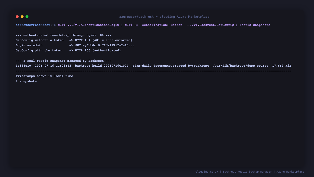 The authenticated round trip through nginx: GetConfig without a token returns 401, sign in returns a JWT, GetConfig with the token returns 200, and a real restic snapshot managed by Backrest