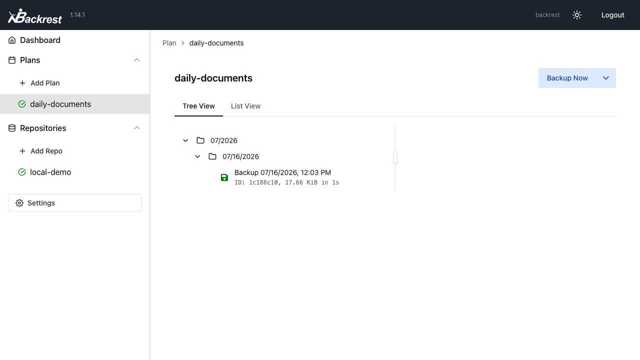 The Backrest snapshot browser for a plan, showing a real backup organised by date with its snapshot ID and size