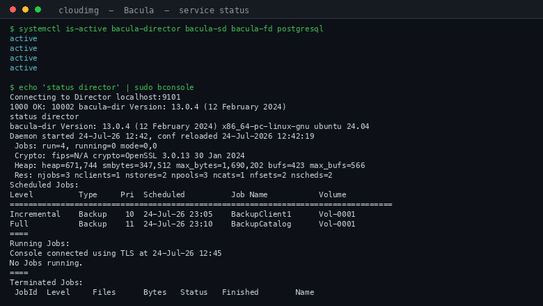 All four services (bacula-director, bacula-sd, bacula-fd and postgresql) report active, and bconsole status director shows the Director version 13.0.4, its resources and the scheduled BackupClient1 and BackupCatalog jobs