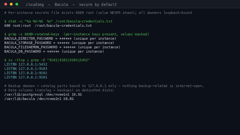 The per instance credentials file is 0600 root owned and holds unique Director and catalog passwords (values masked), the Director, File Daemon, Storage Daemon and PostgreSQL catalog are all bound to 127.0.0.1 loopback only, and the catalog and backup volumes are on separate dedicated EBS data volumes