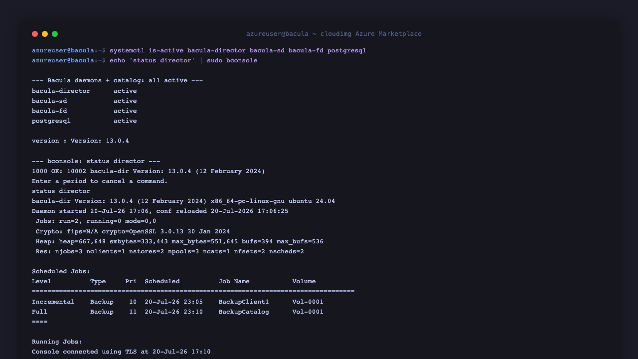 All four services (bacula-director, bacula-sd, bacula-fd and postgresql) report active, and bconsole status director shows the Director version 13.0.4, its resources and the scheduled BackupClient1 and BackupCatalog jobs