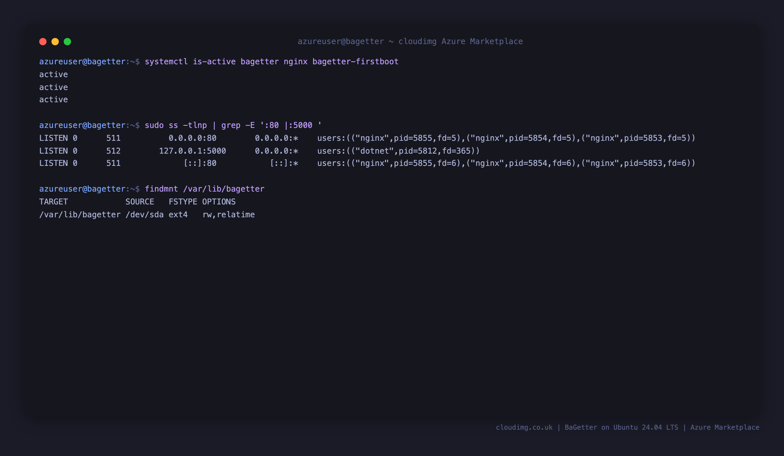 The bagetter, nginx and firstboot services active, BaGetter listening on loopback 127.0.0.1:5000 with nginx on port 80, and the dedicated data disk mounted at /var/lib/bagetter